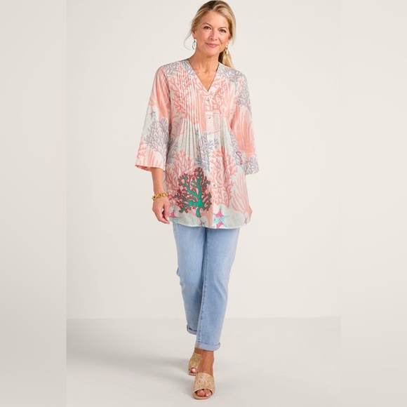 Soft Surroundings Tops - Soft Surroundings Malha Reef Tunic Cotton Embroider Sequin Button Shirt Blouse L